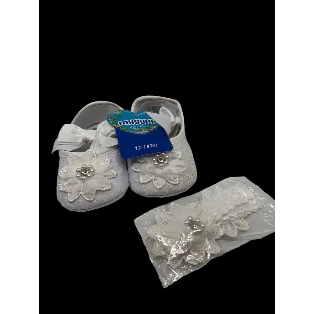 Myggpp Baby Girls Mary Jane Bowknot Eyelet‎ Floral Princess Soft Shoes 12-18 Mth